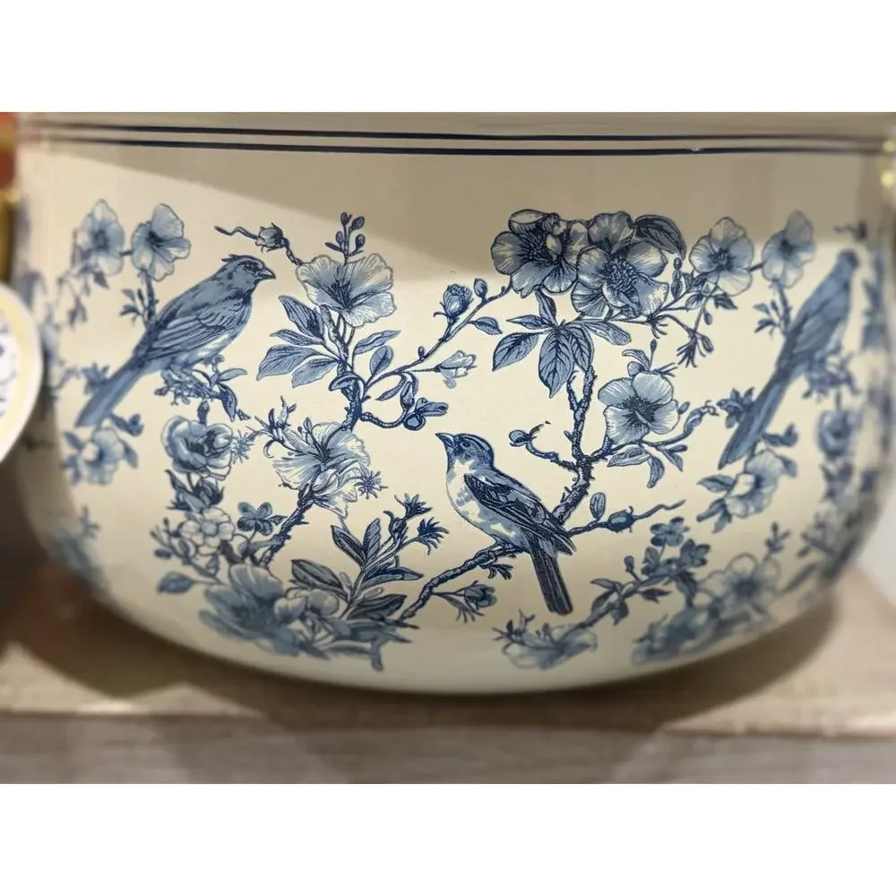 Alta Blue Floral Bird Patterned Enamel Pot w/glass lid and golden handle 3.75 Qt
